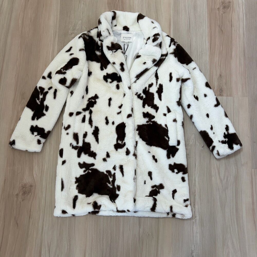 Stoosh Women's Cow Print Brown White Faux Fur Coat Long Jacket Sz Medium Coat